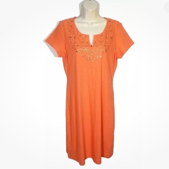 Tommy Bahama Cotton Orange Shift Dress Boho Sequined Split Neckline women’s L - Picture 1 of 7